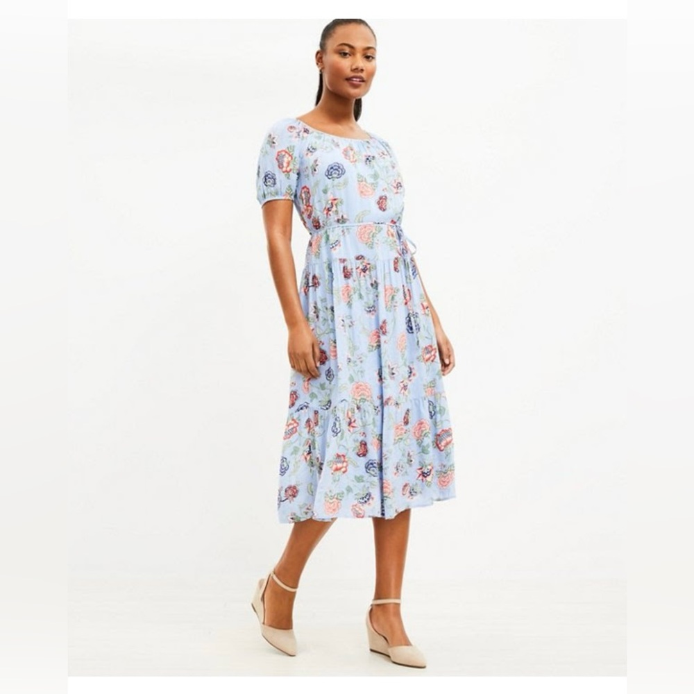 LOFT Floral Tie Waist Tiered Midi Dress, size Small
